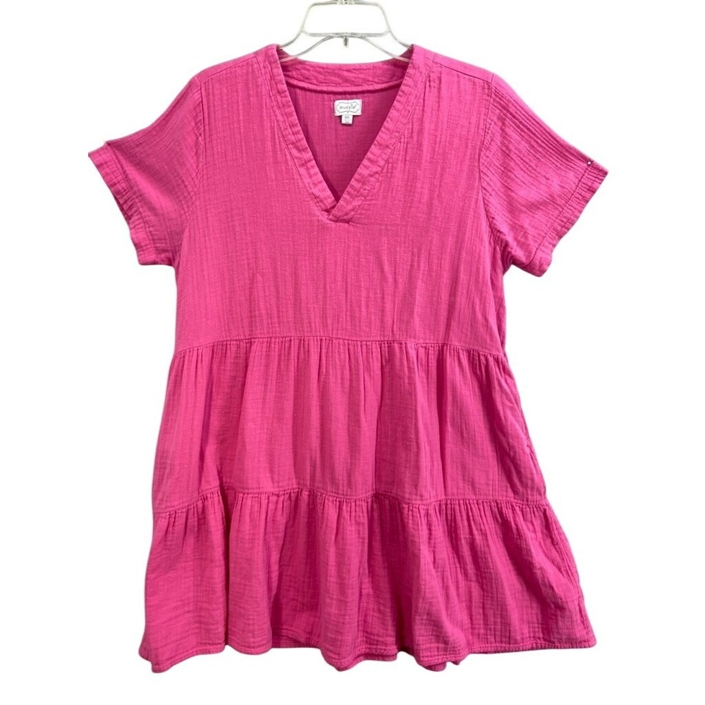 Mud Pie Dress Sz M / L Mini Pink Gauze Tiered V Neck Casual Costal Pockets